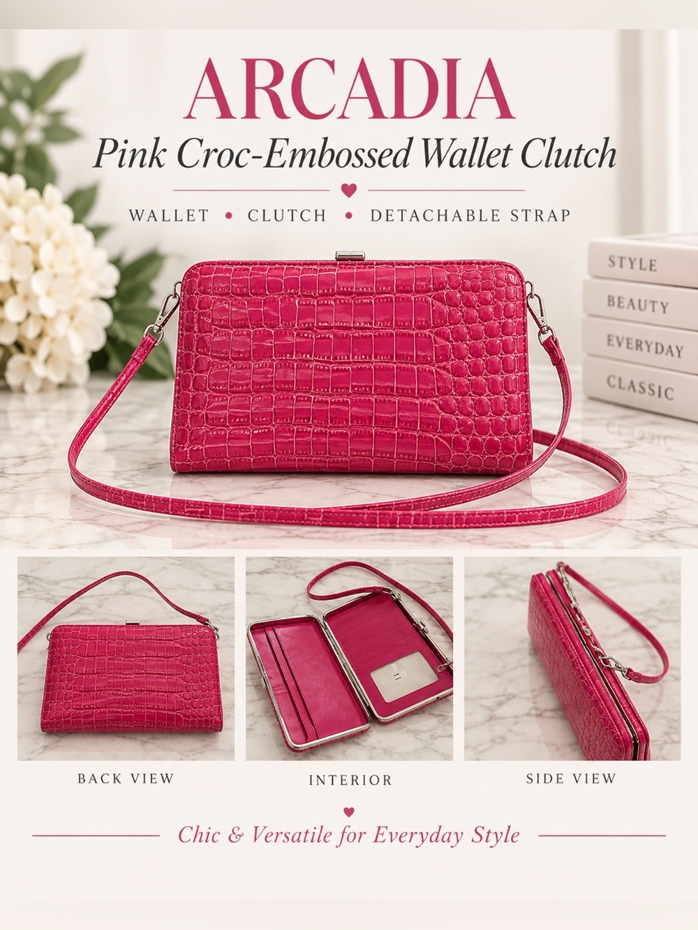 Arcadia Pink Croc Embossed Wallet Clutch with strap
